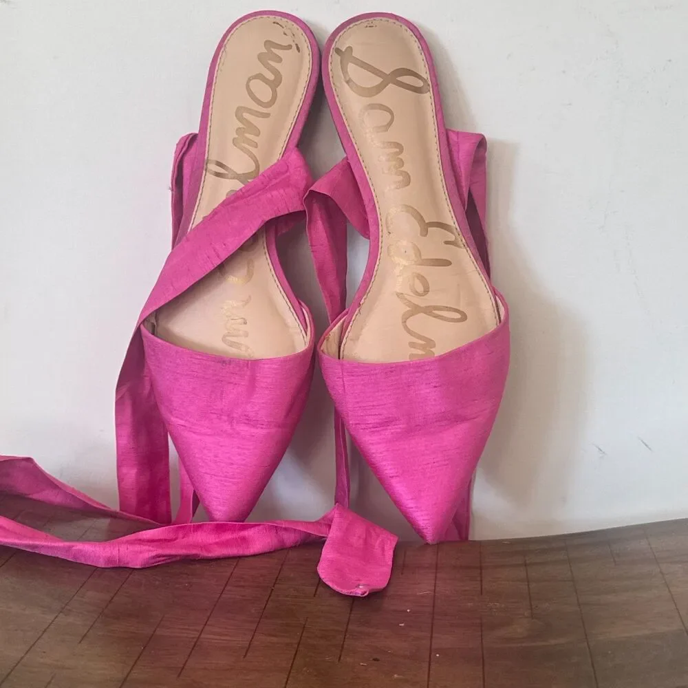 Sam Edelman Lace Up Ballet Flats Pink Satin Wrap Tie Pointed Toe Shoes 8.5 - Picture 2 of 7